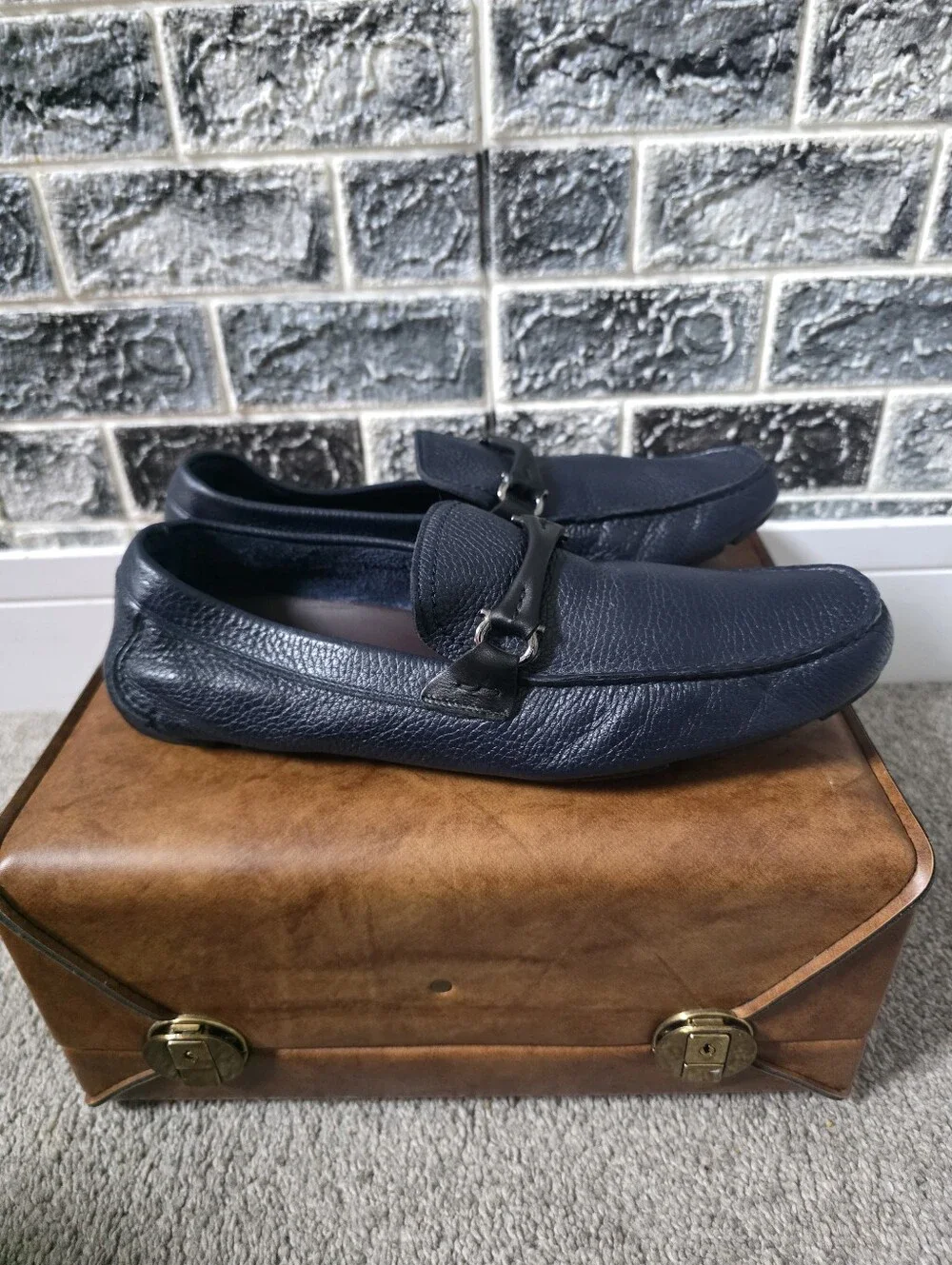 Salvatore Ferragamo Men's Navy Leather Loafers Size 9.5